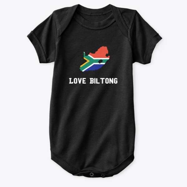 Baby Premium Onesie that has a South African Flag and the words Love Biltong on it