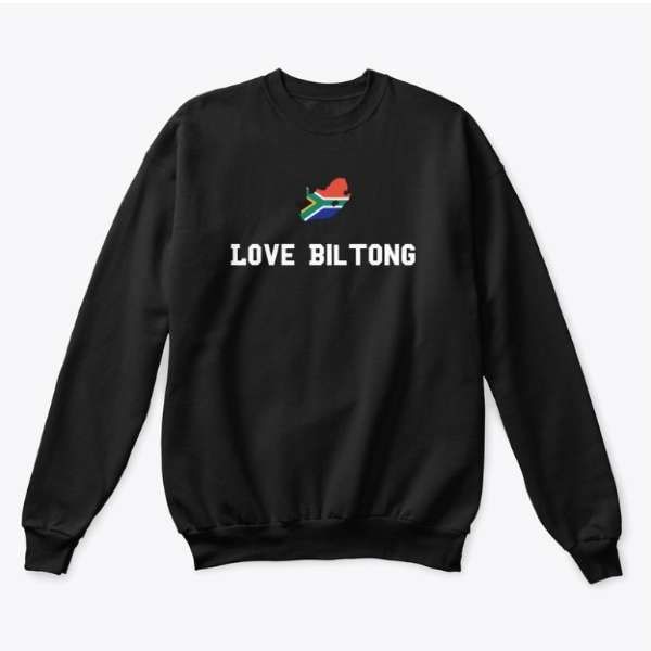 Classic Crewneck Sweatshirt that has a South African Flag and the words Love Biltong on it