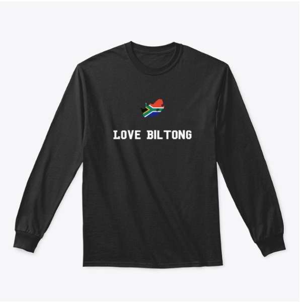 Classic Long Sleeve Tee that has a South African Flag and the words Love Biltong on it