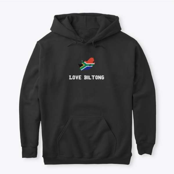 Classic Pullover Hoodie that has a South African Flag and the words Love Biltong on it