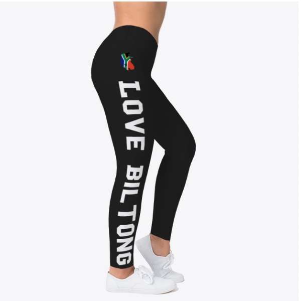 Leggings that has a South African Flag and the words Love Biltong on it