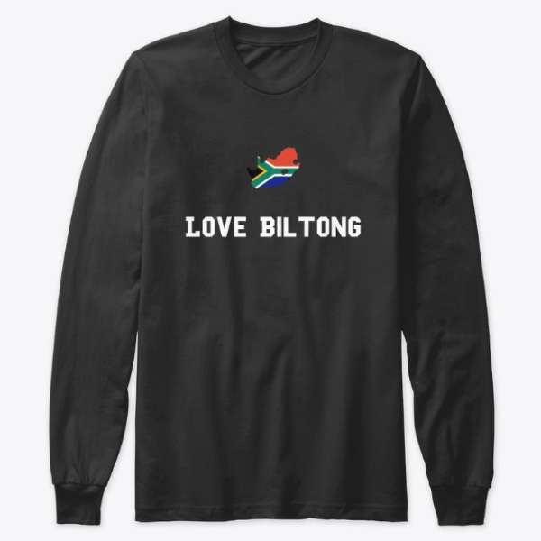 Premium Long Sleeve Tee that has a South African Flag and the words Love Biltong on it