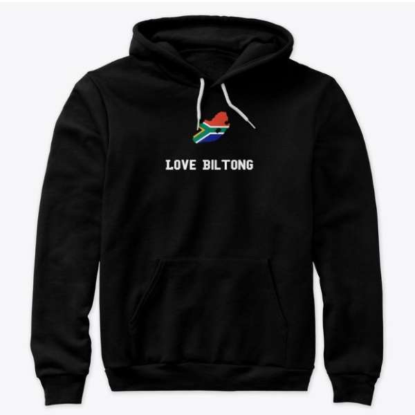 Premium Rollover Hoodie that has a South African Flag and the words Love Biltong on it