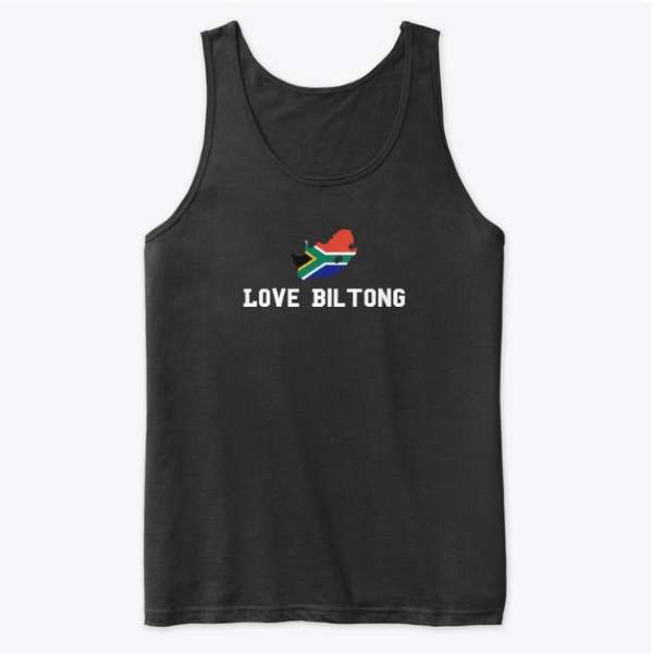 Premium Tank Top that has a South African Flag and the words Love Biltong on it