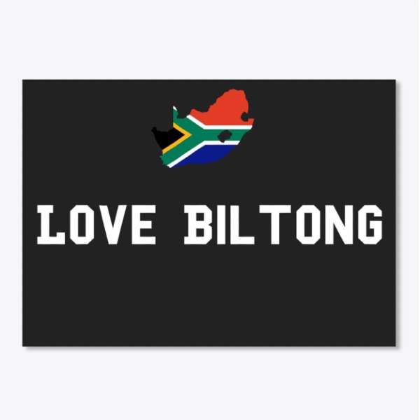 Sticker that has a South African Flag and the words Love Biltong on it