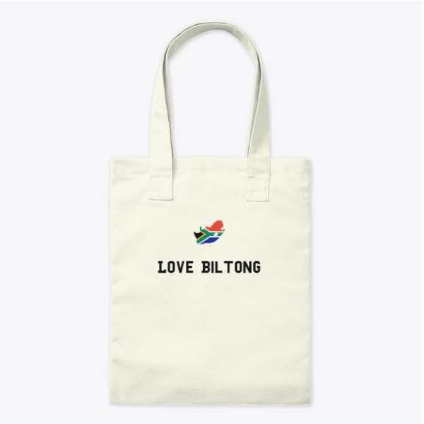 Tote Bag that has a South African Flag and the words Love Biltong on it